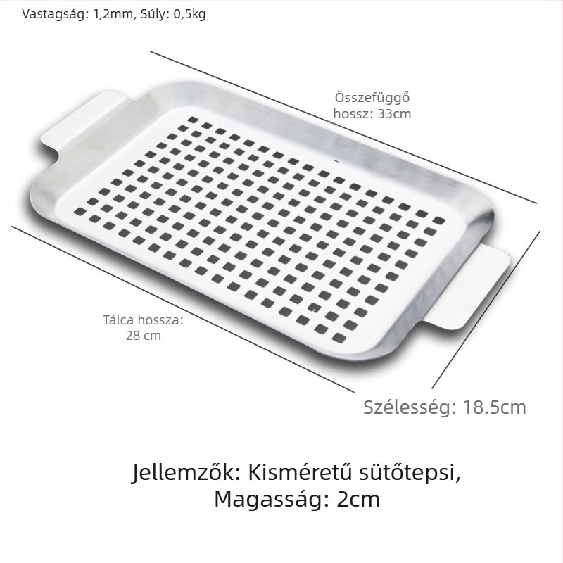Négyzet alakú rozsdamentes acél grill tál élelmiszer-minőségű, olaj leeresztő lyukakkal, bevonat nélküli, 490–1100 g, kültéri használatra