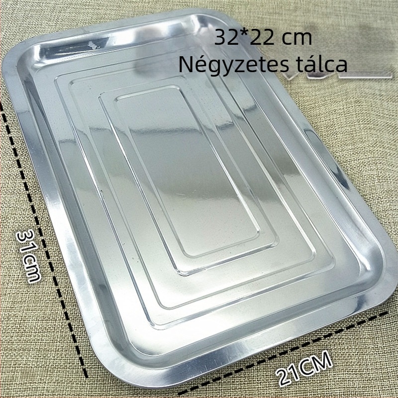 202 rozsdamentes acélból készült négyszögletes tál, elektroplakolt felülettel, egyszínű mintázat, mikrohullámú sütőben nem használható.