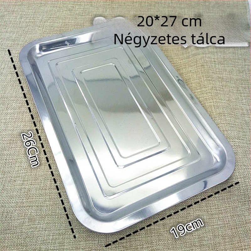 202 rozsdamentes acélból készült négyszögletes tál, elektroplakolt felülettel, egyszínű mintázat, mikrohullámú sütőben nem használható.