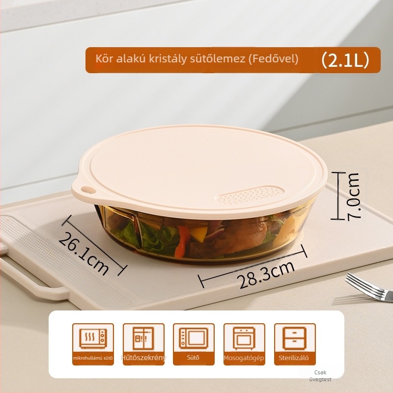 Kör alakú hőálló üveg sütőedény mikrohullámú sütőhöz, boroszilikát üveg, fényes felület, minimalist stílus, fedél