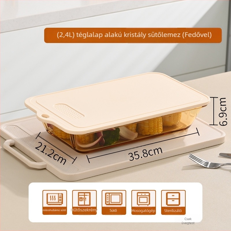 Kör alakú hőálló üveg sütőedény mikrohullámú sütőhöz, boroszilikát üveg, fényes felület, minimalist stílus, fedél