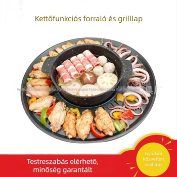 2 az 1-ben Shabu-Shabu és BBQ edény, alumínium, kör alak, 1,1 kg, koreai stílus, nem tapadó