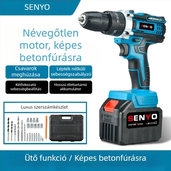 Akkumulátoros ütvefúró pisztoly markolattal – 3 funkciós (ütés, csavarozás, sík fúrás), fokozatmentes sebességszabályozás, háromfogas tokmány, otthoni használatra (fa/fém/beton); kefés motor, Li-ion akkumulátor, 1 év garancia.