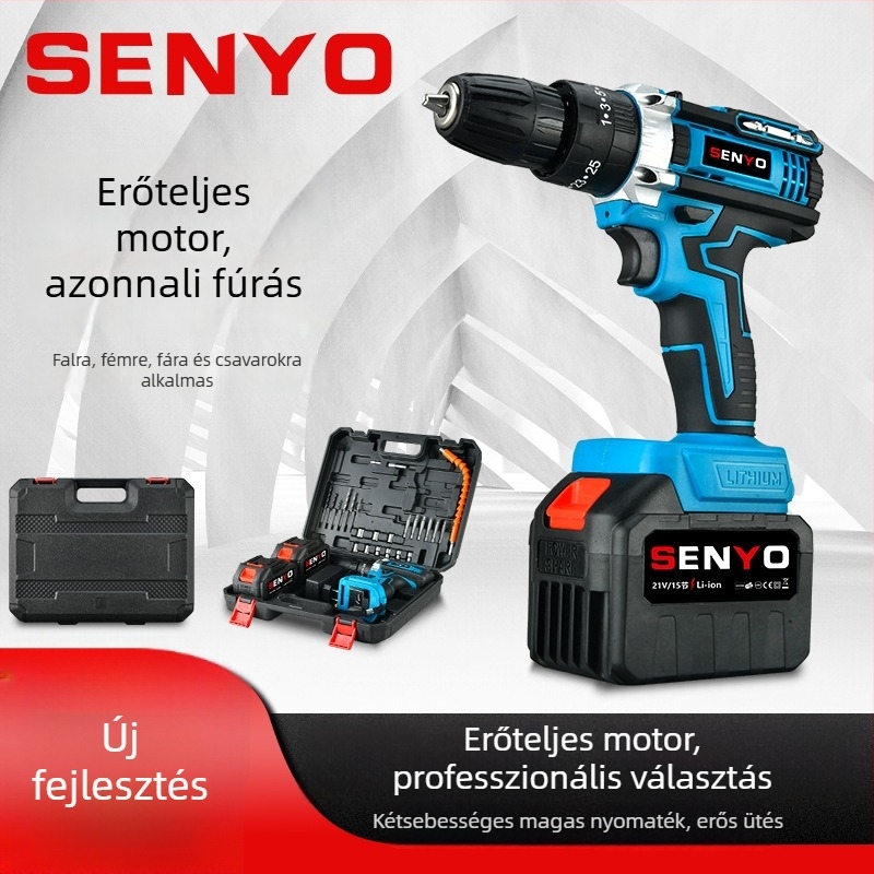 Akkumulátoros ütvefúró pisztoly markolattal – 3 funkciós (ütés, csavarozás, sík fúrás), fokozatmentes sebességszabályozás, háromfogas tokmány, otthoni használatra (fa/fém/beton); kefés motor, Li-ion akkumulátor, 1 év garancia.
