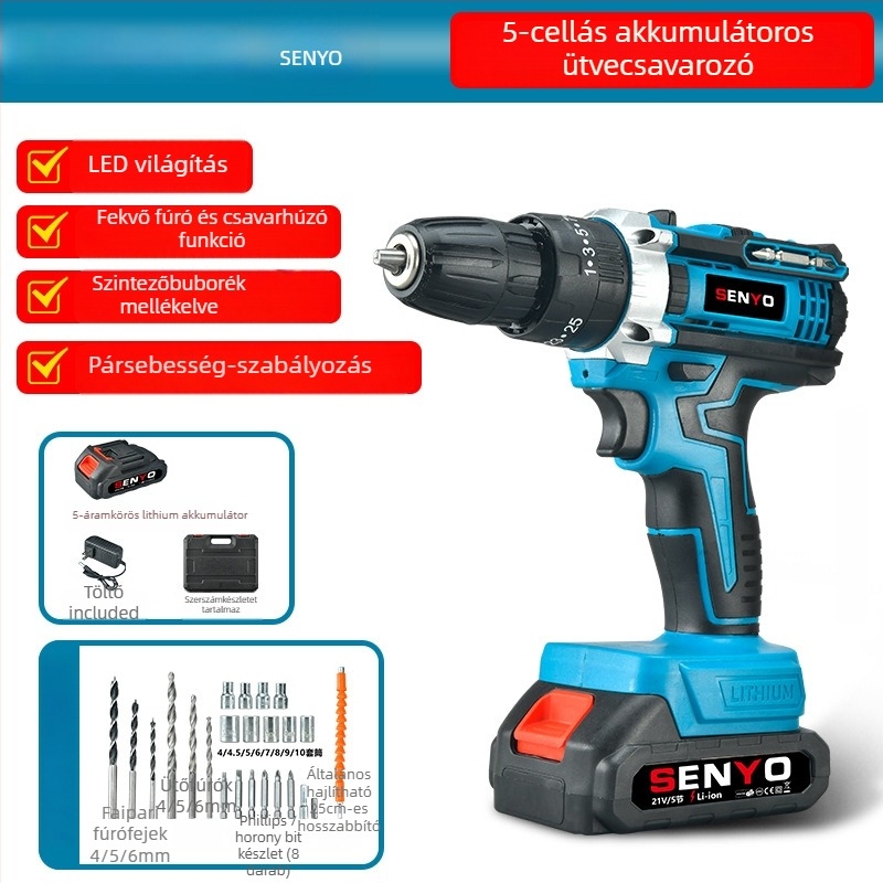 Akkumulátoros ütvefúró pisztoly markolattal – 3 funkciós (ütés, csavarozás, sík fúrás), fokozatmentes sebességszabályozás, háromfogas tokmány, otthoni használatra (fa/fém/beton); kefés motor, Li-ion akkumulátor, 1 év garancia.
