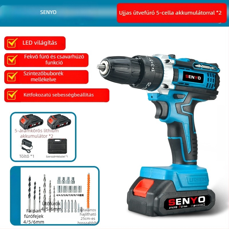 Akkumulátoros ütvefúró pisztoly markolattal – 3 funkciós (ütés, csavarozás, sík fúrás), fokozatmentes sebességszabályozás, háromfogas tokmány, otthoni használatra (fa/fém/beton); kefés motor, Li-ion akkumulátor, 1 év garancia.