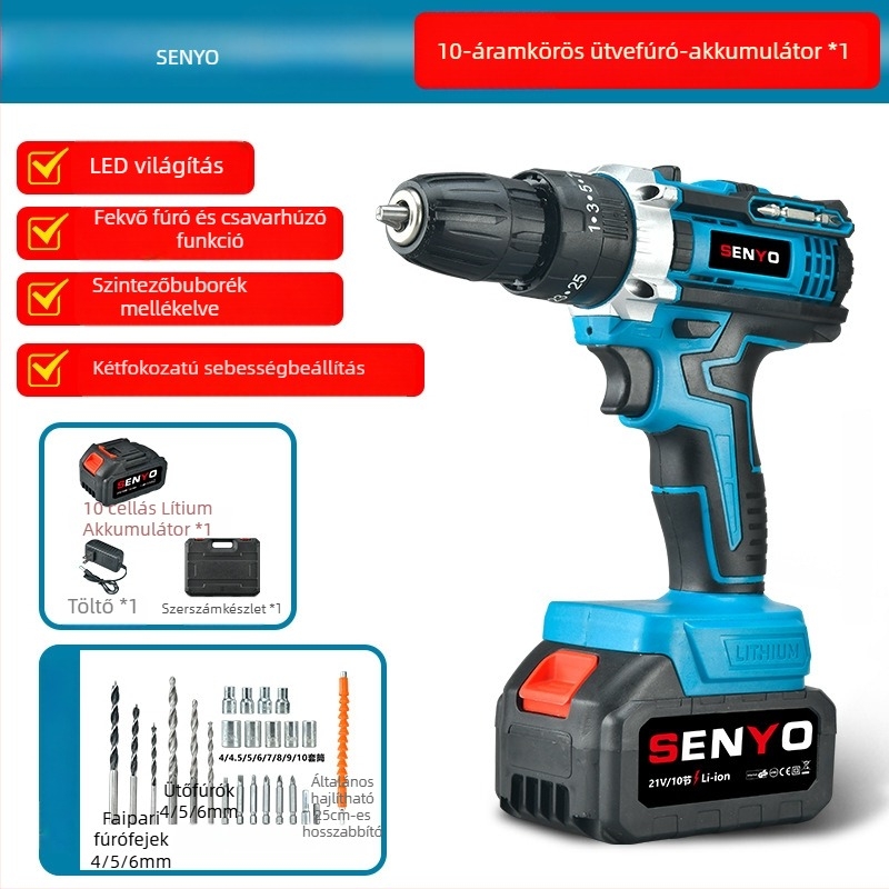 Akkumulátoros ütvefúró pisztoly markolattal – 3 funkciós (ütés, csavarozás, sík fúrás), fokozatmentes sebességszabályozás, háromfogas tokmány, otthoni használatra (fa/fém/beton); kefés motor, Li-ion akkumulátor, 1 év garancia.
