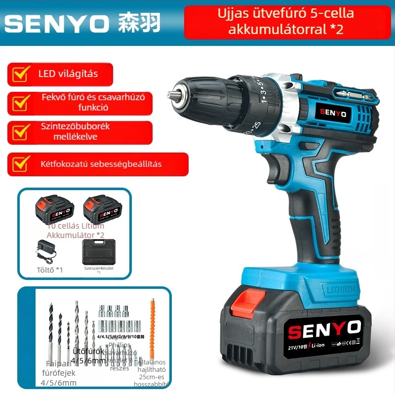 Akkumulátoros ütvefúró pisztoly markolattal – 3 funkciós (ütés, csavarozás, sík fúrás), fokozatmentes sebességszabályozás, háromfogas tokmány, otthoni használatra (fa/fém/beton); kefés motor, Li-ion akkumulátor, 1 év garancia.