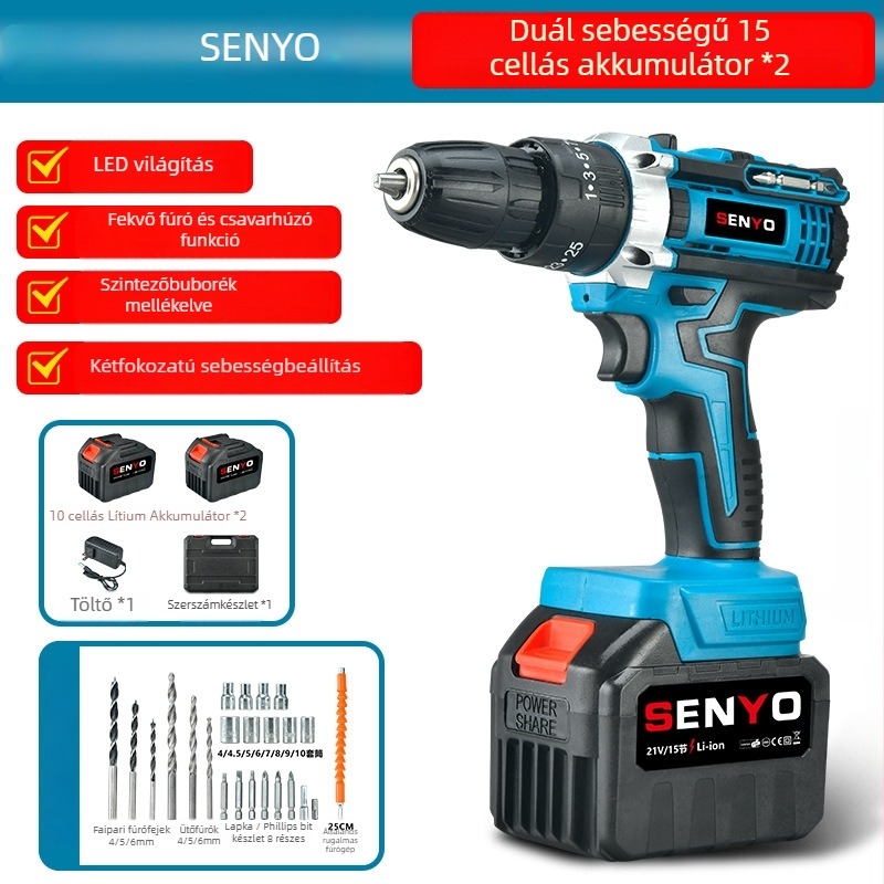 Akkumulátoros ütvefúró pisztoly markolattal – 3 funkciós (ütés, csavarozás, sík fúrás), fokozatmentes sebességszabályozás, háromfogas tokmány, otthoni használatra (fa/fém/beton); kefés motor, Li-ion akkumulátor, 1 év garancia.