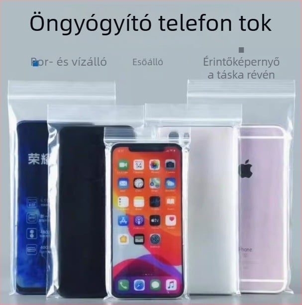 Zhongliang Packaging önzáró PE zacskó mobilltelefon tartozékokhoz — vízálló és porálló, egyszer használatos csomagolás, érintőképernyő-kompatibilis, zárótávolság 10–20 cm