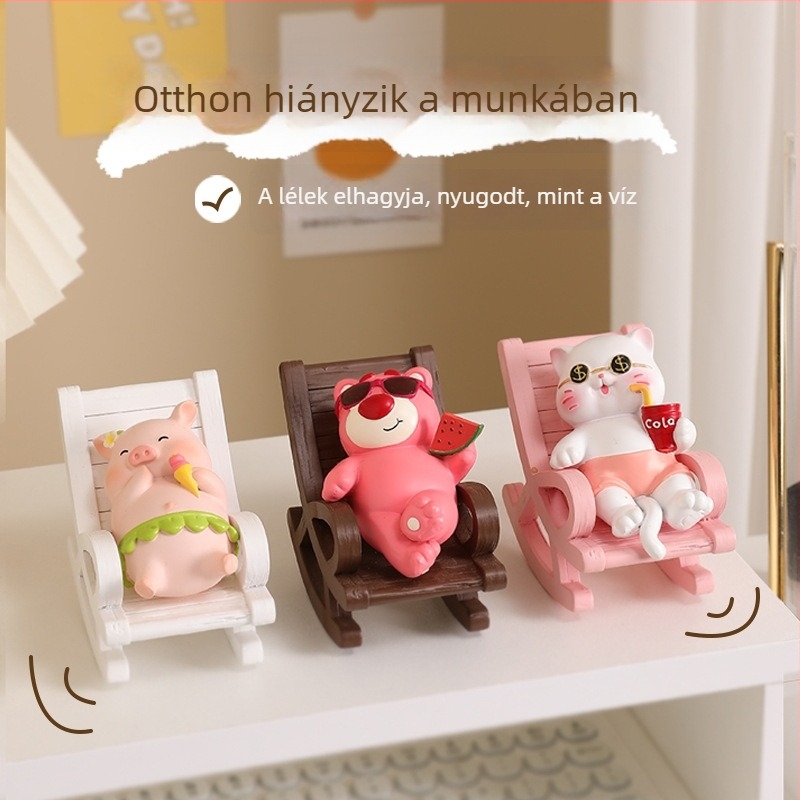 Rajzfilmszerű béka asztali díszfigura hintázó székkel — gyanta alapú asztali dekoráció