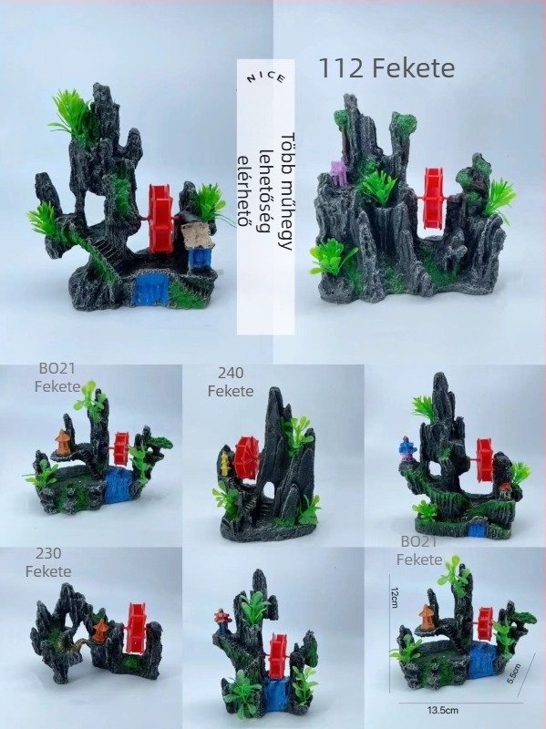 Szintetikus műgyanta akváriumi táj dísz, idilli mikro-táj bonsai-val és sziklas domb, Xiaoyu era