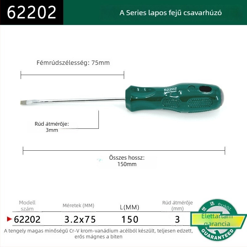 Síkfejű csavarhúzó, műanyag markolattal, sorozat A, modell 62202-222, krom-vanádium ötvözetű acél, erős mágnes