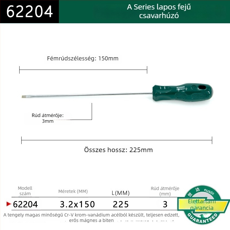 Síkfejű csavarhúzó, műanyag markolattal, sorozat A, modell 62202-222, krom-vanádium ötvözetű acél, erős mágnes