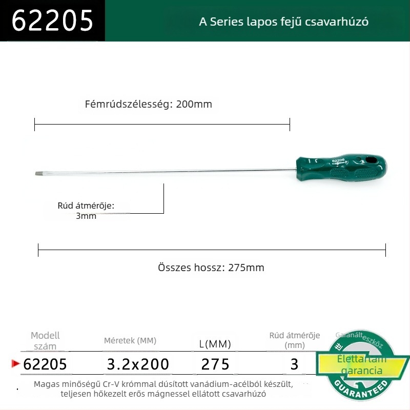Síkfejű csavarhúzó, műanyag markolattal, sorozat A, modell 62202-222, krom-vanádium ötvözetű acél, erős mágnes