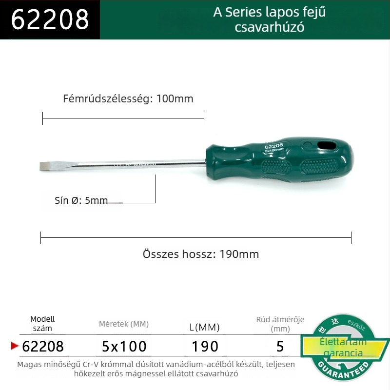 Síkfejű csavarhúzó, műanyag markolattal, sorozat A, modell 62202-222, krom-vanádium ötvözetű acél, erős mágnes