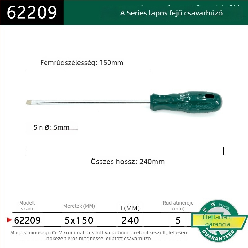 Síkfejű csavarhúzó, műanyag markolattal, sorozat A, modell 62202-222, krom-vanádium ötvözetű acél, erős mágnes