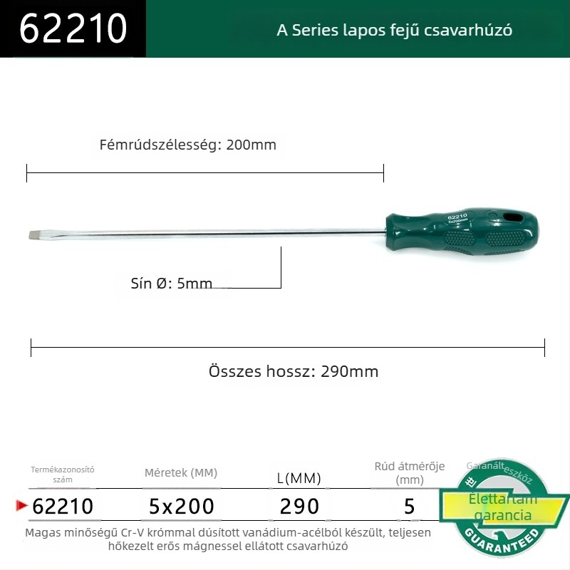 Síkfejű csavarhúzó, műanyag markolattal, sorozat A, modell 62202-222, krom-vanádium ötvözetű acél, erős mágnes