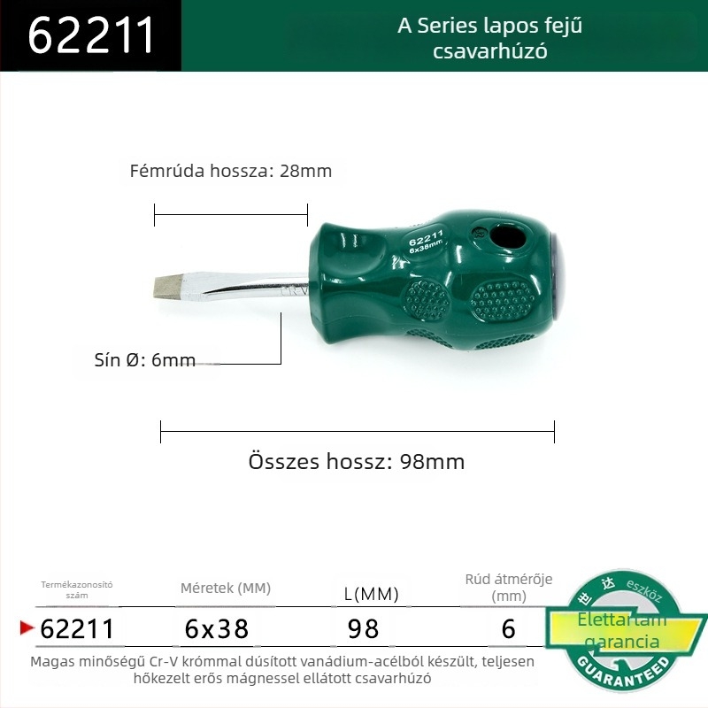 Síkfejű csavarhúzó, műanyag markolattal, sorozat A, modell 62202-222, krom-vanádium ötvözetű acél, erős mágnes