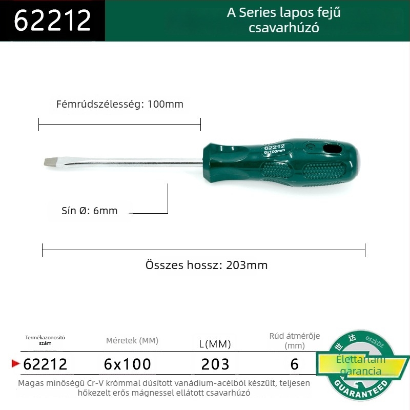 Síkfejű csavarhúzó, műanyag markolattal, sorozat A, modell 62202-222, krom-vanádium ötvözetű acél, erős mágnes