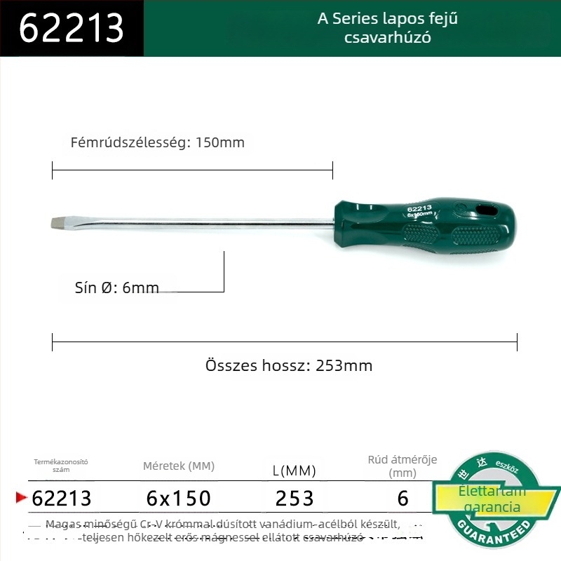 Síkfejű csavarhúzó, műanyag markolattal, sorozat A, modell 62202-222, krom-vanádium ötvözetű acél, erős mágnes