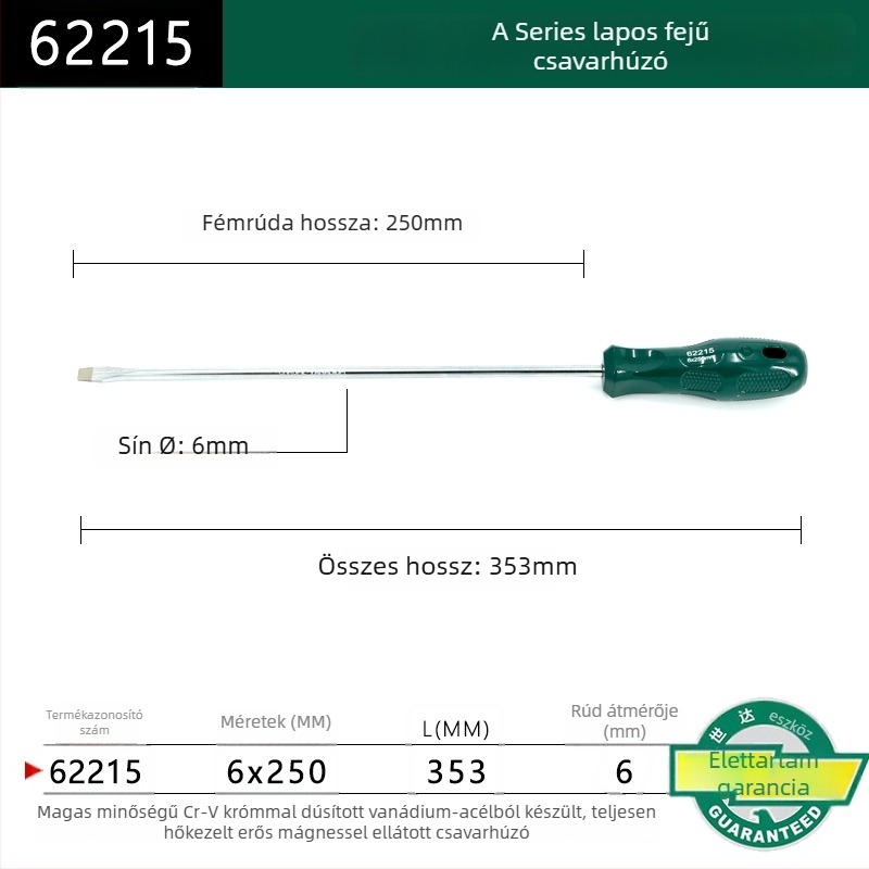 Síkfejű csavarhúzó, műanyag markolattal, sorozat A, modell 62202-222, krom-vanádium ötvözetű acél, erős mágnes