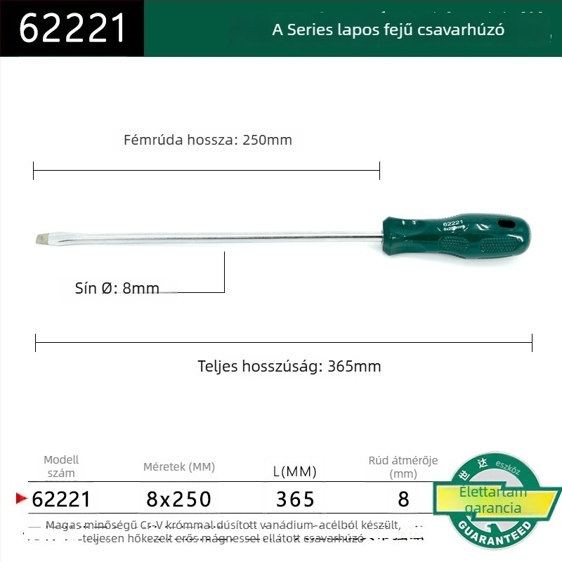 Síkfejű csavarhúzó, műanyag markolattal, sorozat A, modell 62202-222, krom-vanádium ötvözetű acél, erős mágnes