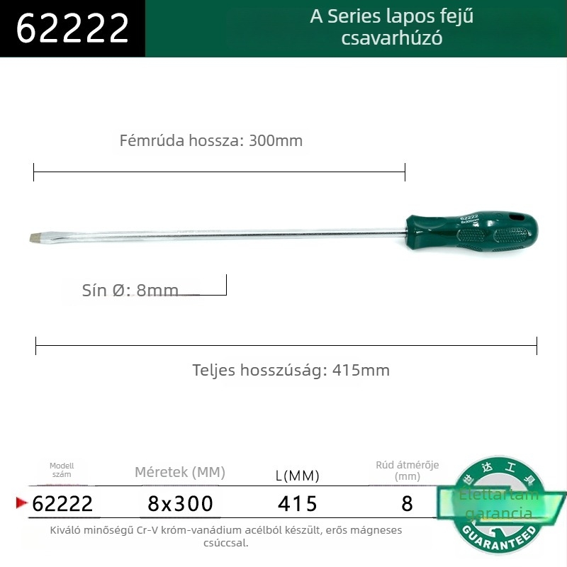 Síkfejű csavarhúzó, műanyag markolattal, sorozat A, modell 62202-222, krom-vanádium ötvözetű acél, erős mágnes