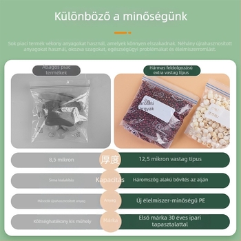 Dupla Ziplock zacskó, átlátszó, nedvességálló és megerősített élelmiszer-záró tasak; Anyag: új anyag; Cél: általános csomagolás; Zárási hossz: 1 cm