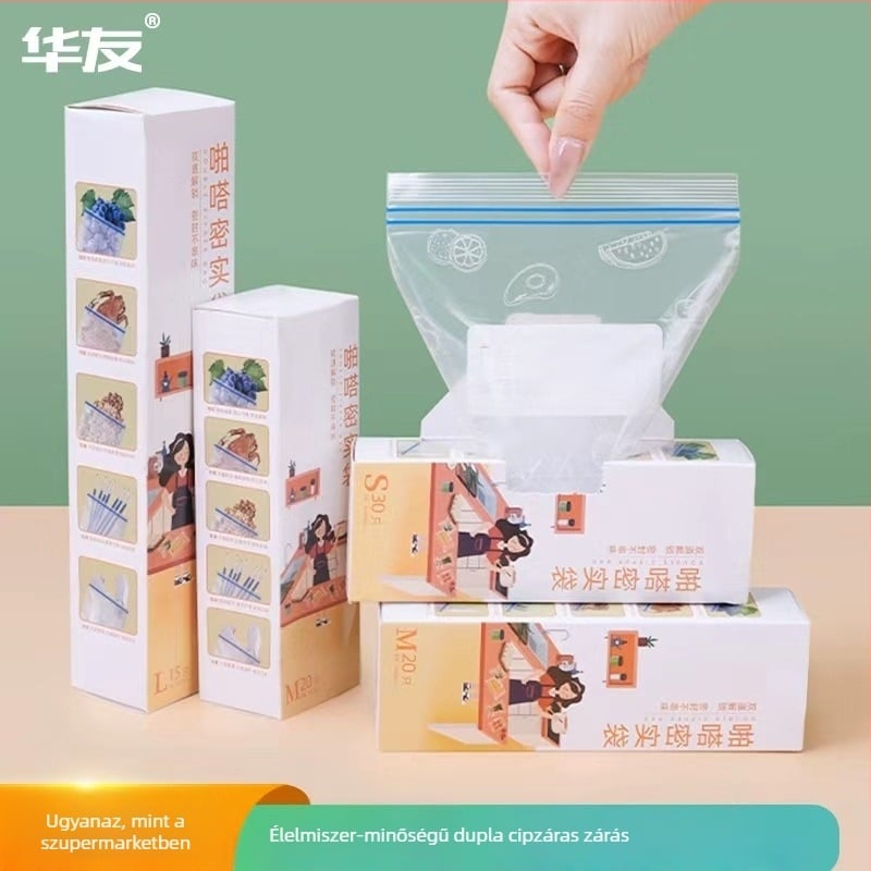 Dupla Ziplock zacskó, átlátszó, nedvességálló és megerősített élelmiszer-záró tasak; Anyag: új anyag; Cél: általános csomagolás; Zárási hossz: 1 cm