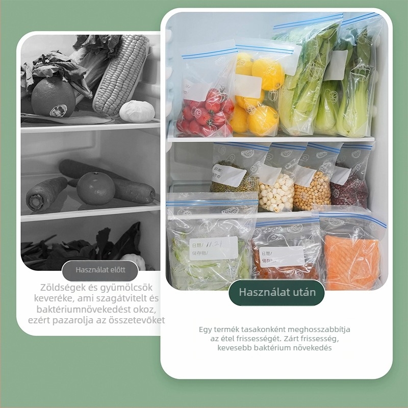 Dupla Ziplock zacskó, átlátszó, nedvességálló és megerősített élelmiszer-záró tasak; Anyag: új anyag; Cél: általános csomagolás; Zárási hossz: 1 cm