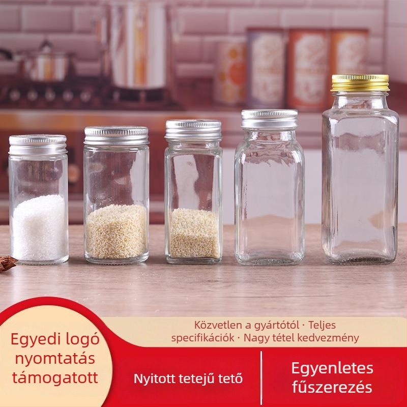Négyzet alakú üveges fűszertartó üveg, átlátszó, adagoló funkcióval, logózás lehetséges