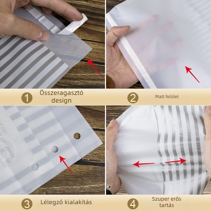 Egyedi PLA biodegradábilis ruházati csomagoló taszka, téglalap alakú, öntapadós zárás, vízálló, zárási hossz 1 cm, termékkód ZG 240523