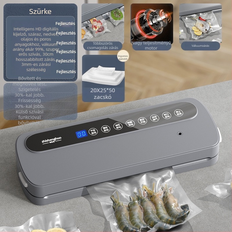 Háztartási vákuumcsomagoló gép élelmiszercsomagoláshoz, nedves–száraz kettős használat, műanyag tömítés