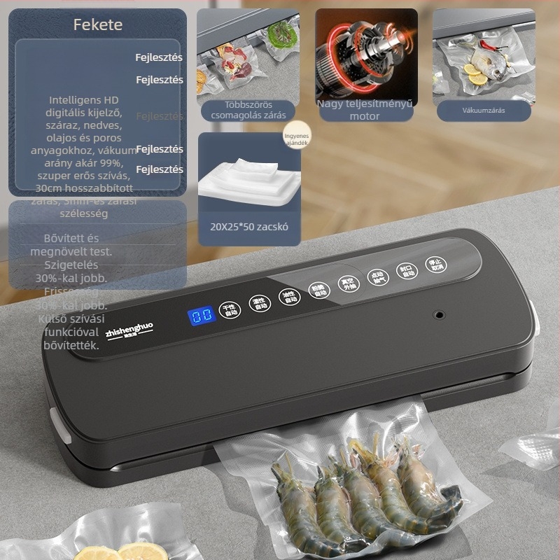 Háztartási vákuumcsomagoló gép élelmiszercsomagoláshoz, nedves–száraz kettős használat, műanyag tömítés