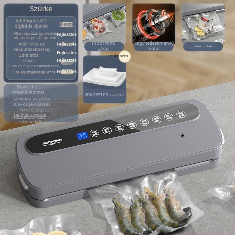 Háztartási vákuumcsomagoló gép élelmiszercsomagoláshoz, nedves–száraz kettős használat, műanyag tömítés