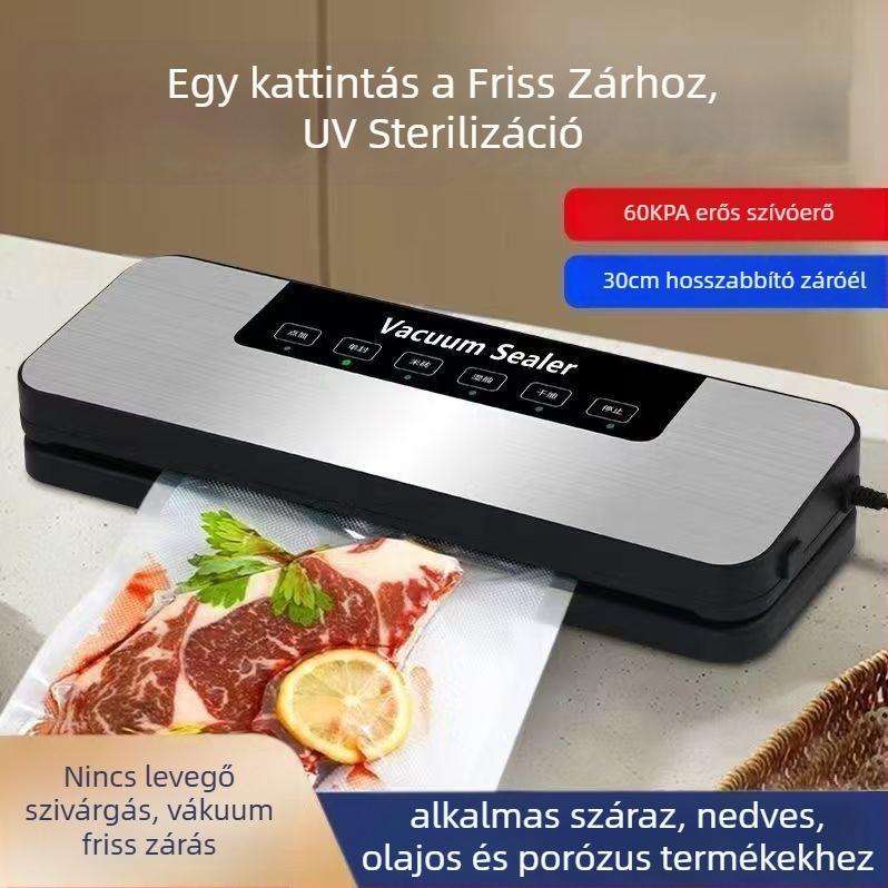 Háztartási vákuumzáró gép - automata zárás, ABS burkolat, műanyag tömítés, kapacitás 500 ml alatt