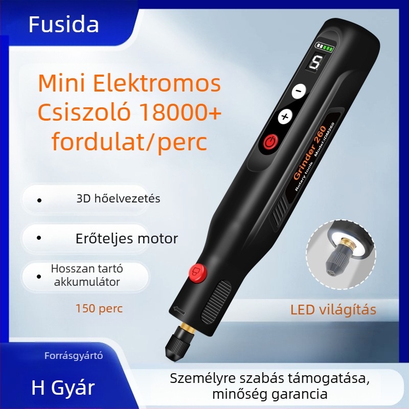 Mini kézi elektromos csiszoló öt sebességes szabályozással, LED gyűrű világítás, USB adatkábel, 3,7–5V (2000mAh)