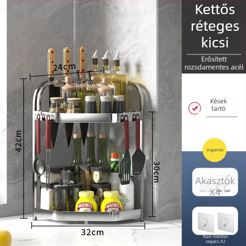 Rozsdamentes acél konyhai tároló sarokpolc – Többszintes, padlóálló, lyukmentes, fűszertartó polc