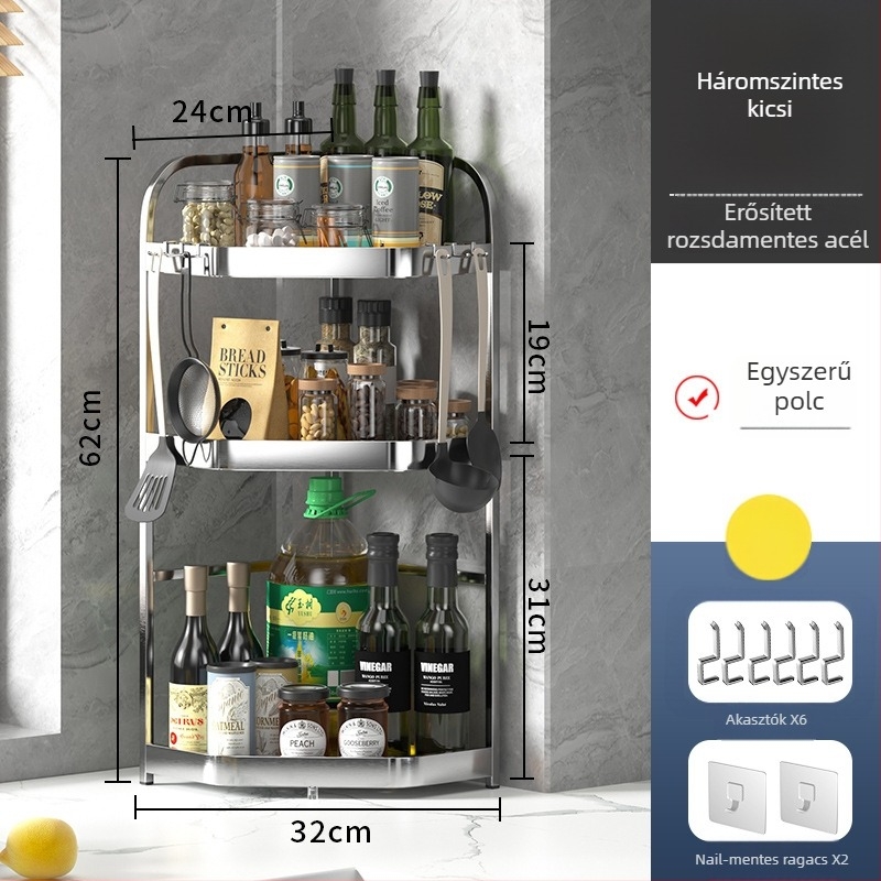 Rozsdamentes acél konyhai tároló sarokpolc – Többszintes, padlóálló, lyukmentes, fűszertartó polc