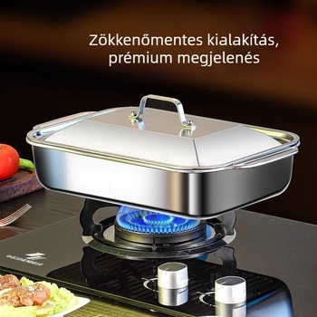 Rozsdamentes acél négyszögletes tál fedővel, mikrohullámú sütőben használható, elektroplatált felület