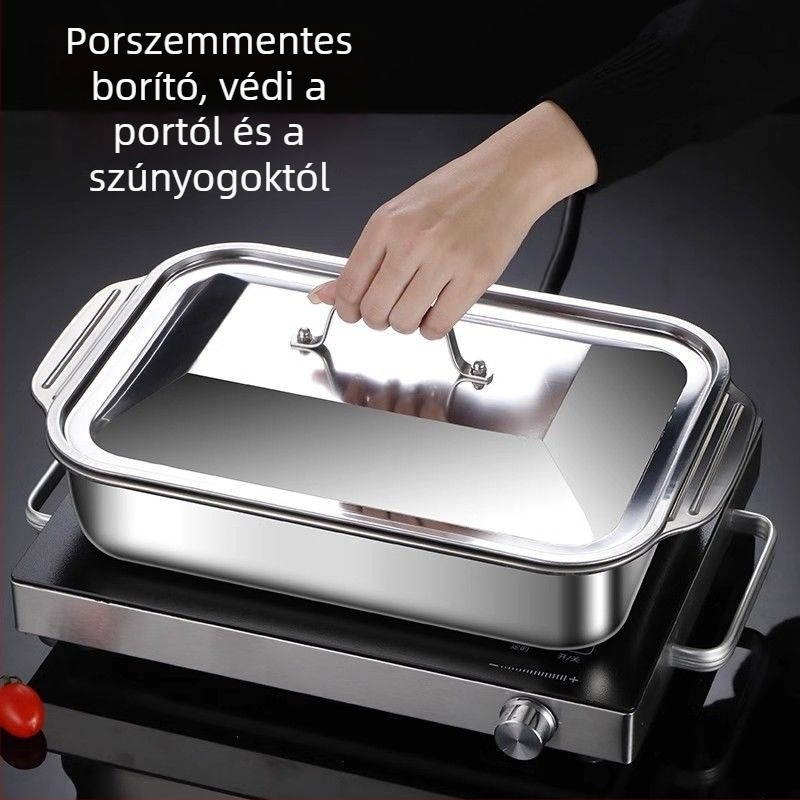 Rozsdamentes acél négyszögletes tál fedővel, mikrohullámú sütőben használható, elektroplatált felület