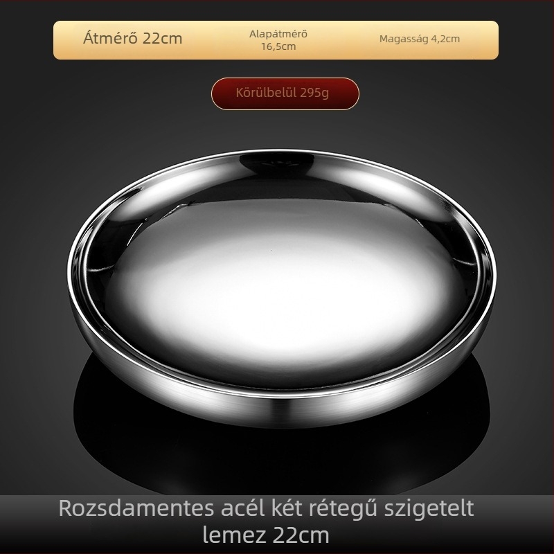 Kerek rozsdamentes acélból készült hőszigetelt tál, dupla rétegű kivitel, mikrózható, szállás- és éttermi felhasználásra
