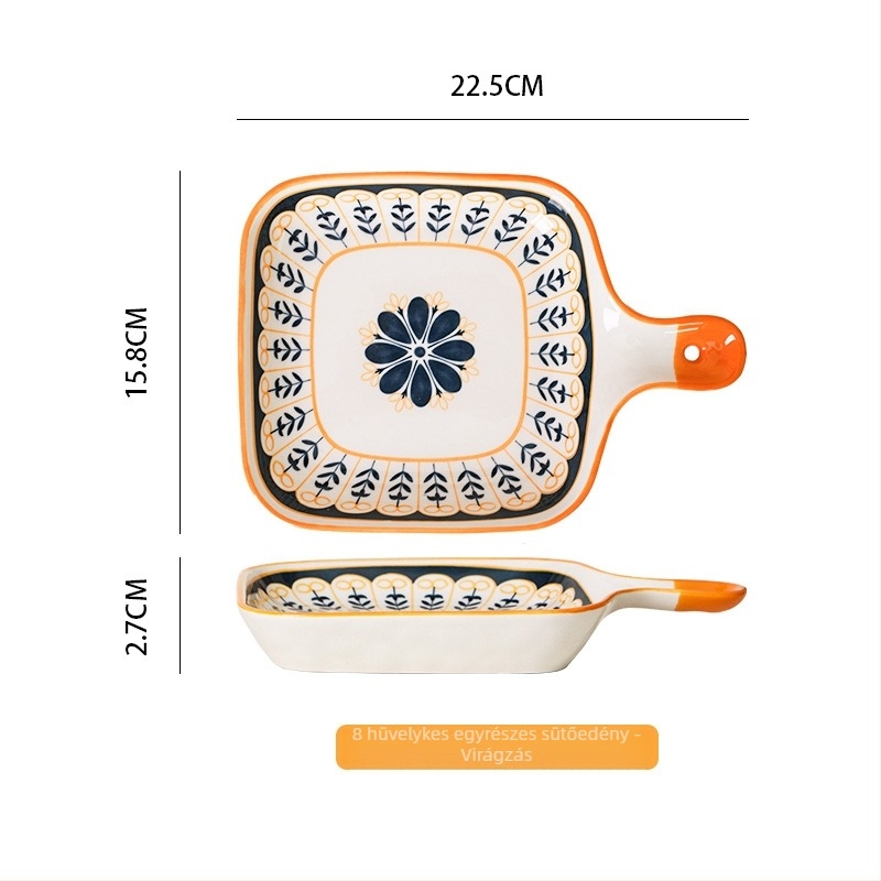 Porcelán tányér egy fogantyúval, skandináv stílusú, szabálytalan forma, mikrohullámú sütőben használható