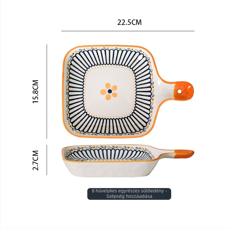 Porcelán tányér egy fogantyúval, skandináv stílusú, szabálytalan forma, mikrohullámú sütőben használható