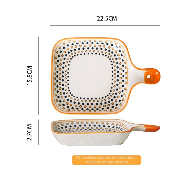 Porcelán tányér egy fogantyúval, skandináv stílusú, szabálytalan forma, mikrohullámú sütőben használható