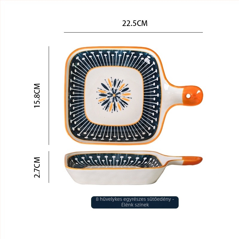 Porcelán tányér egy fogantyúval, skandináv stílusú, szabálytalan forma, mikrohullámú sütőben használható