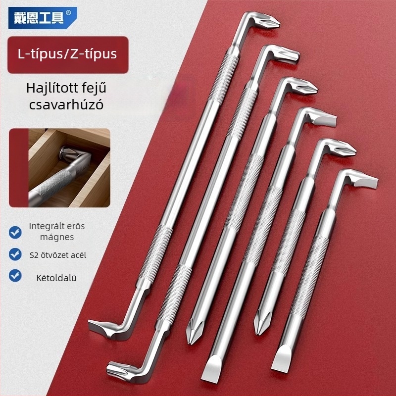 Dane könyök csavarhúzó, mágneses, Z- és L-alakú, keresztes és hatszögletű (Allen) bitekkel, 90° hajlítás, Cr-V acélból