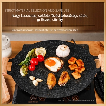 Nem tapadó öntöttvas grillsütő kempingezéshez, kör alakú, hordozható, könnyen tisztítható, 1 kg