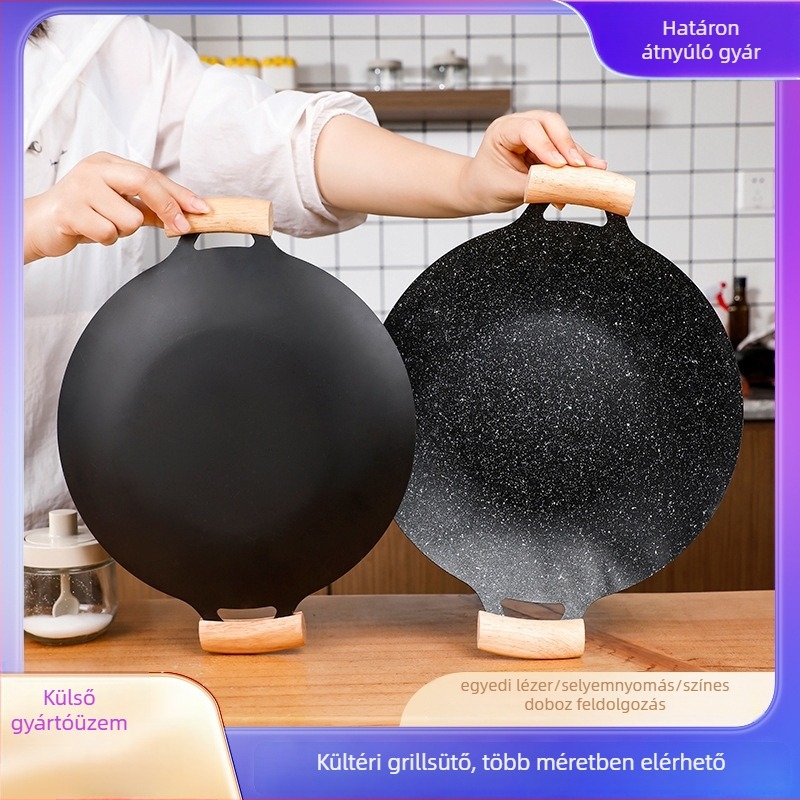 Nem tapadó öntöttvas grillsütő kempingezéshez, kör alakú, hordozható, könnyen tisztítható, 1 kg